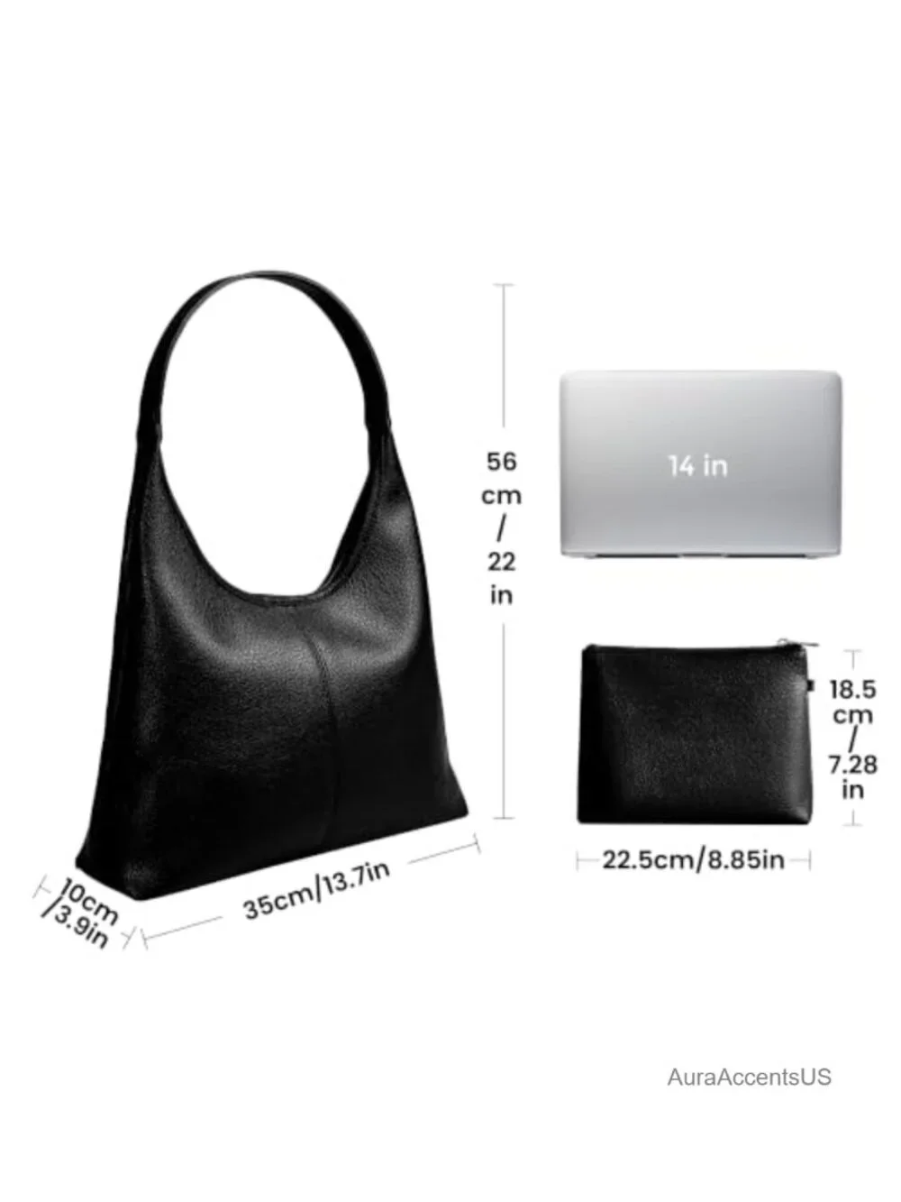 Vegan Leather Slouchy Hobo Bag with Zip Pouch and Key Leash